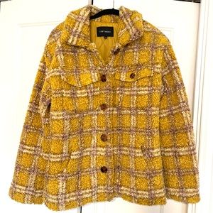 Anthro Yellow Plaid Oversized Sherpa Jacket
